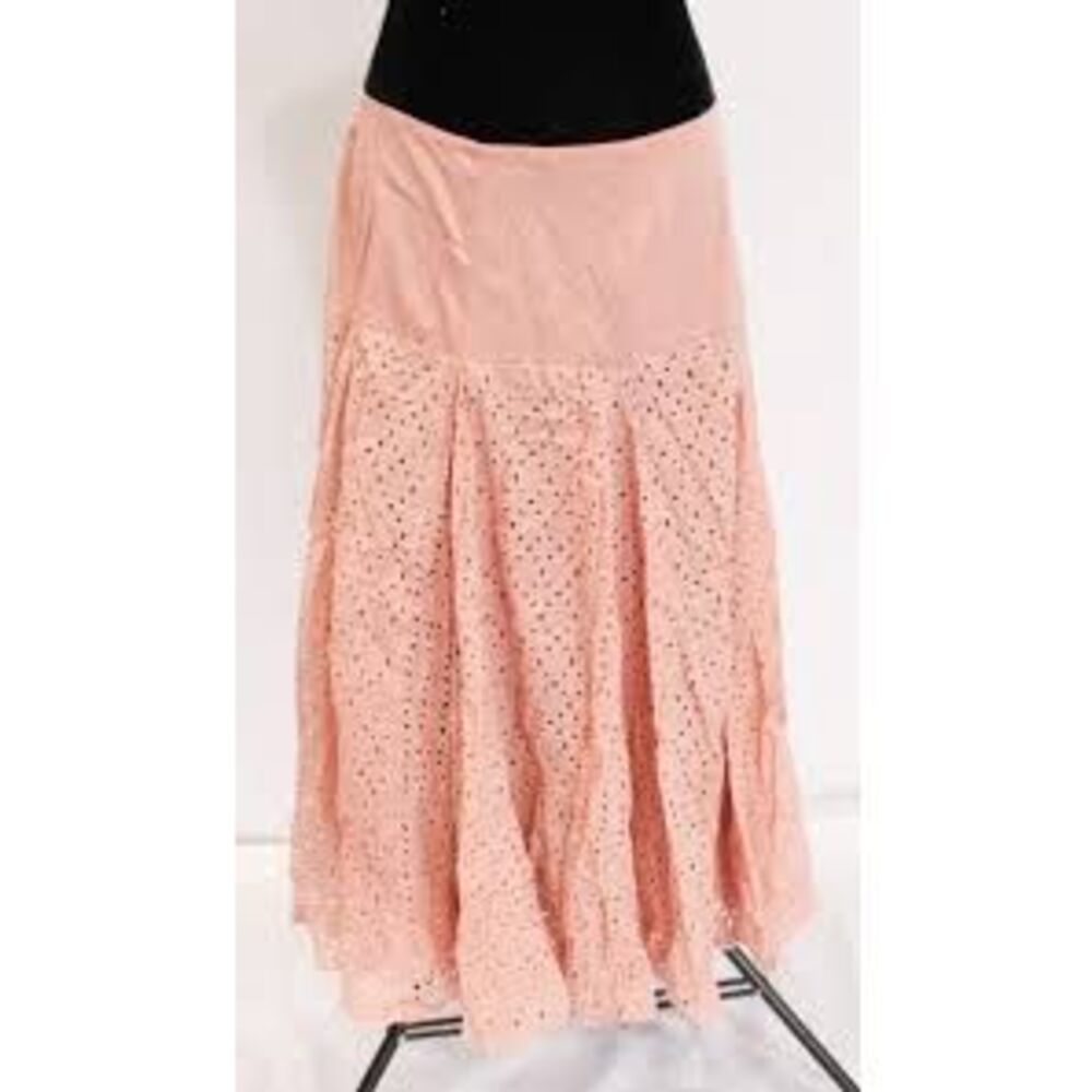 Raga Eyelet Lace Tiered Midi Skirt Blush Pink Bohemian A-Line Billowy Size L NEW